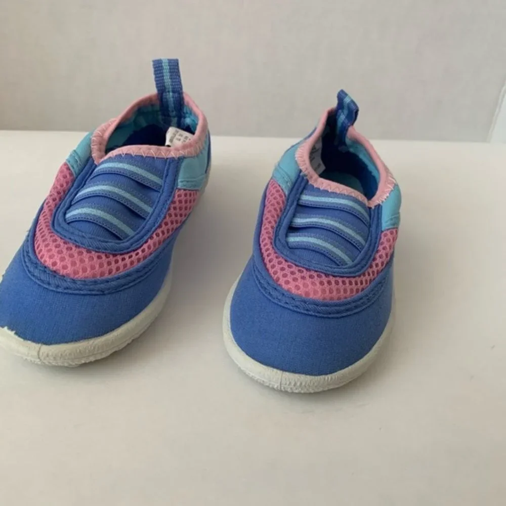 Vintage NWOT Water Shoes Toddler Girls 11 Blue Pink Pool Rubber Non-Slip Bottoms